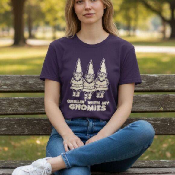 Purple & White Gnome Graphic T-Shirt - Garden/Novelty Tee | 100% Cotton - Picture 1 of 6